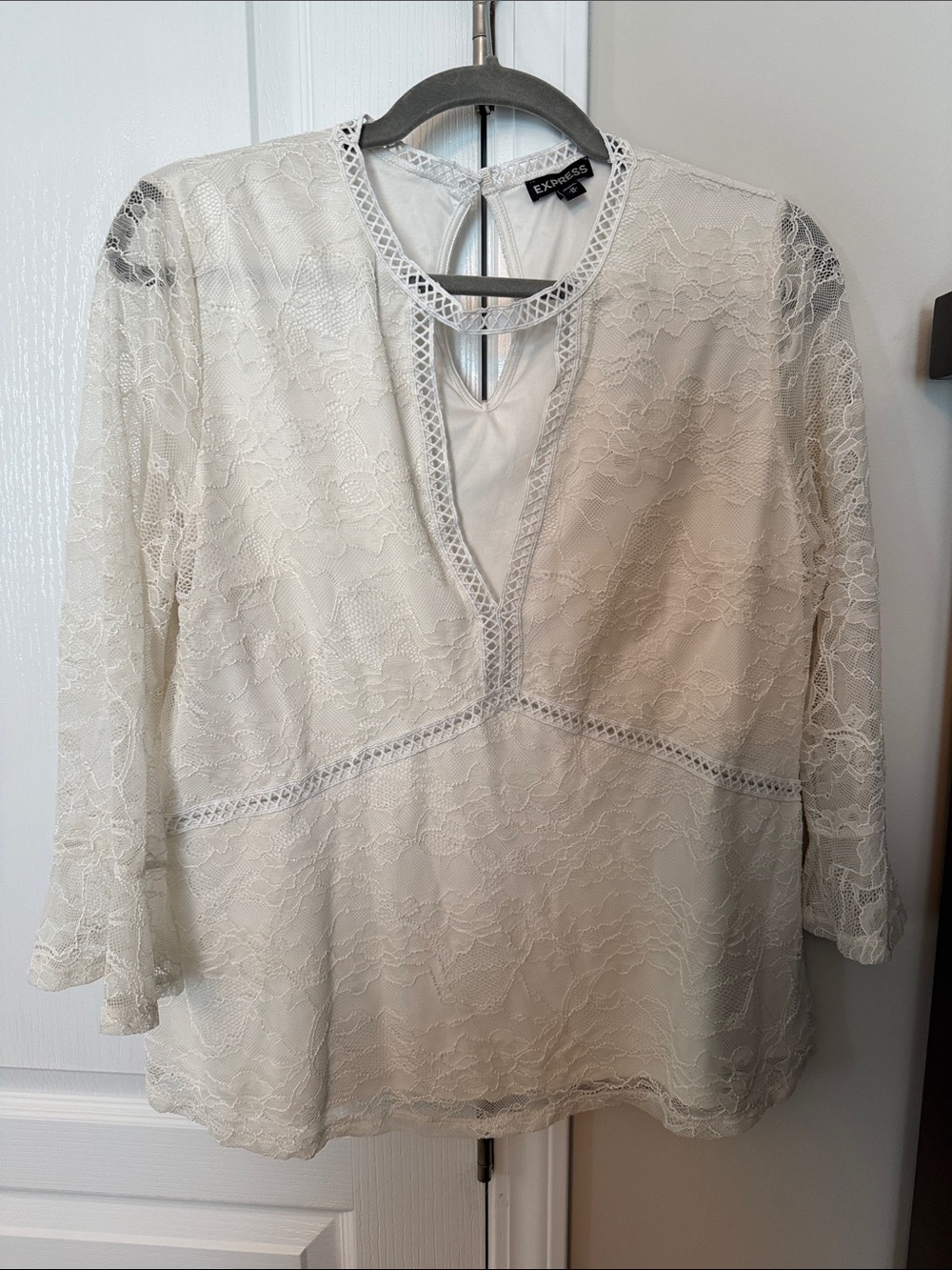 Express Women’s Blouse with Lace overlay, Sheer Sleeves and Keyhole details